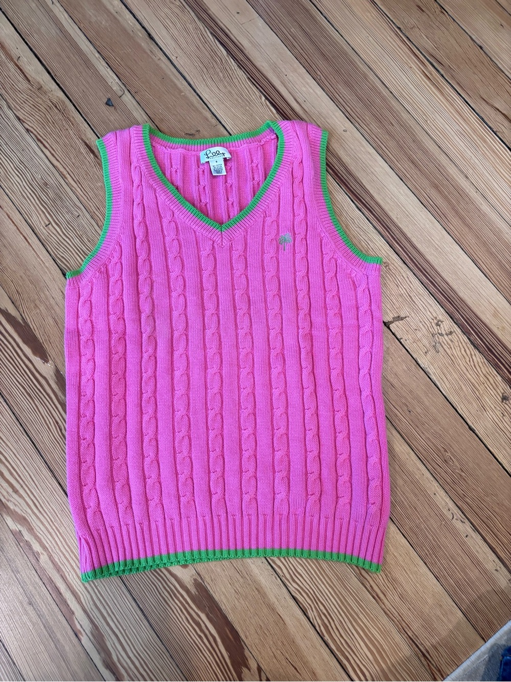 Lilly Pulitzer Pink Cable-Knit V-Neck Sweater Vest with Green Trim